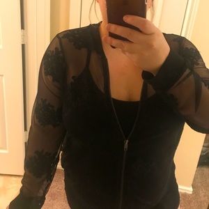 Black mesh floral bomber jacket